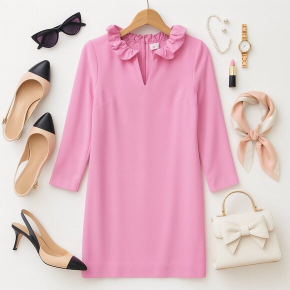 NWT J.Crew Pink Ruffle Neck Shift Dress 4 Preppy Cocktail Wedding Barbiecore - Picture 11 of 11